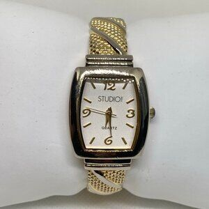Studio gold tone women watch 24mm quartz analog cuff bracelet size 6.5” running